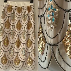 Lovely Girl Ivory Sequined Beaded Midi Skirt Small Elastic Waist Scalloped Hem